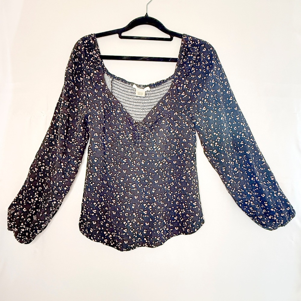 Urban Romantics Women's Floral Blouse Navy Boho Peasant Balloon Sleeve Top